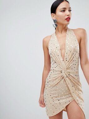 Flounce London Beige Sequin Halter Party Dress - Women Size 4